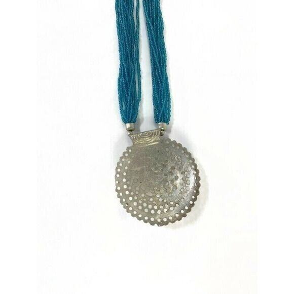 Tanjore India Turquoise Colored Necklace With Silver Medallion 15" - Picture 5 of 8